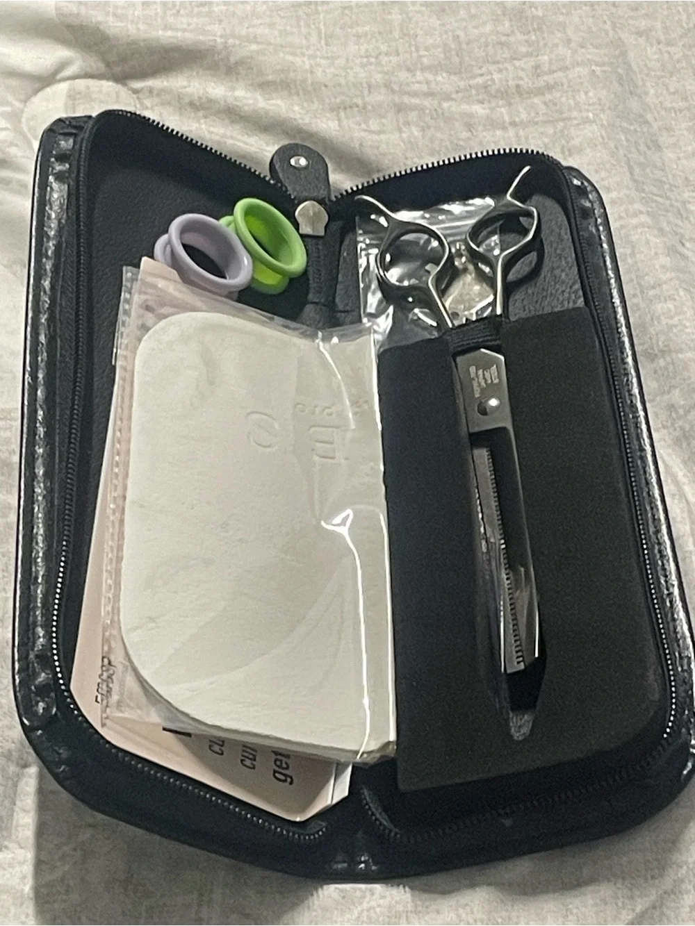 Black Hair Thinning Scissors Kit with Green and Lavender Ring Grips
